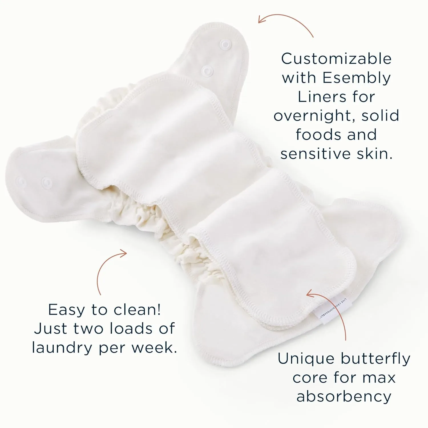Esembly Cloth Diaper Inner, Trim-Fitting, Certified Organic Cotton, Reusable and Absorbent Leak-Proof Inserts with Snap Closure for Eco-Friendly Diapering, 3-Pack, Size 1 (7-17lbs)