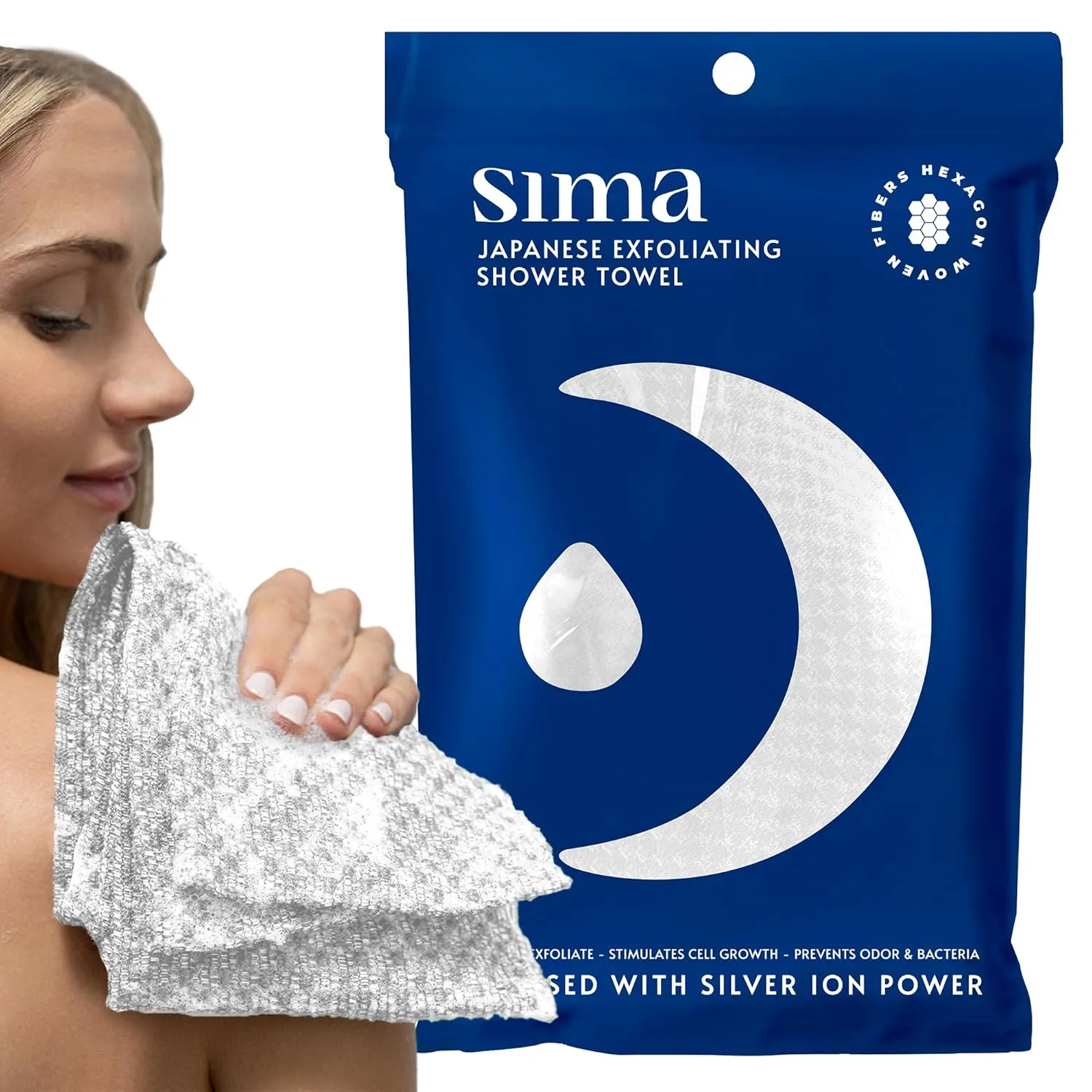 Exfoliating Washcloth Face & Body Scrub Towel - Japanese Exfoliating Towel with Hexagon Fibers, Exfoliating Body Scrubber with 2 Sides for Scrubbing & Washing (Body Towel - White)