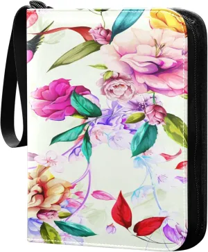 Exnundod 4 Pocket Trading Card Binder Colorful Birds Flowers, PU Leather Card Collection Binder Spring Garden Floral 400 Cards Organizer Binder Collectible Trading Card Albums for Sports Game Card