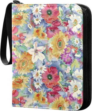 Exnundod 4 Pocket Trading Card Binder Colorful Floral PU Leather Card Collection Binder Spring Summer Flowers 400 Cards Organizer Binder Collectible Trading Card Albums for Sports Game Card