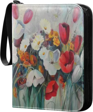 Exnundod 4 Pocket Trading Card Binder Colorful Poppy Chamomile, PU Leather Card Collection Binder Watercolor Spring 400 Cards Organizer Binder Collectible Trading Card Albums for Sports Game Card
