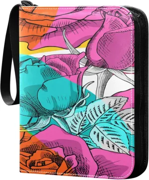 Exnundod 4 Pocket Trading Card Binder Unique Colorful Roses, PU Leather Card Collection Binder Cartoon 400 Cards Organizer Binder Collectible Trading Card Albums for Sports Game Card