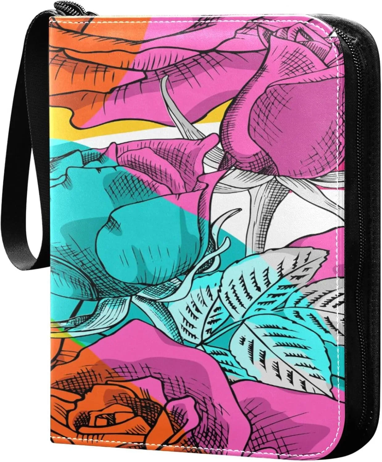 Exnundod 4 Pocket Trading Card Binder Unique Colorful Roses, PU Leather Card Collection Binder Cartoon 400 Cards Organizer Binder Collectible Trading Card Albums for Sports Game Card