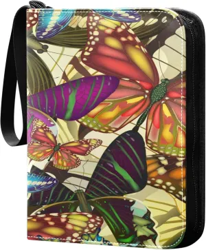 Exnundod 4 Pocket Trading Card Binder Vintage Colorful Butterflies, PU Leather Card Collection Binder Retro Butterfly 400 Cards Organizer Binder Collectible Trading Card Albums for Sports Game Card