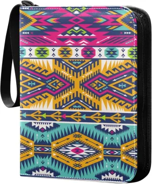 Exnundod 4 Pocket Trading Card Binder Vintage Colorful Tribal Pattern PU Leather Card Collection Binder Unique Stripes 400 Cards Organizer Binder Collectible Trading Card Albums for Sports Game Card