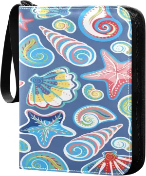 Exnundod Colorful Sea Shells Trading Card Binder for Cards, Starfish Sports Card Binder Card Album 4-Pockets for 400 Cards PU Baseball Football Game Cards Collection