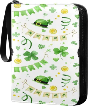 Exnundod Colorful St Patricks Day Trading Card Binder for Cards, Green Hat Shamrock Card Album 4-Pockets for 400 Cards with Removable Sleeves PU Baseball Card Holder Football Sports Card Collection