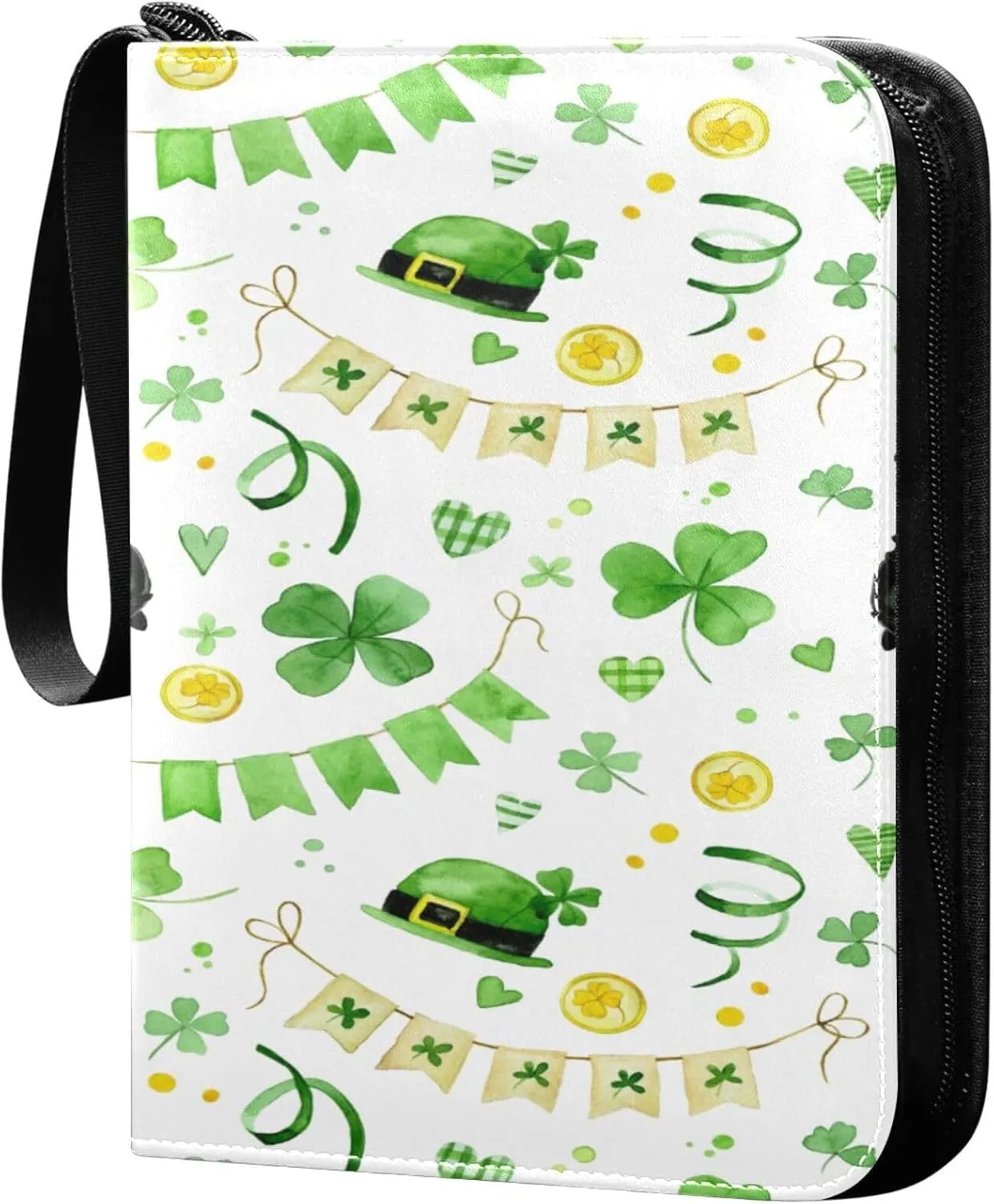 Exnundod Colorful St Patricks Day Trading Card Binder for Cards, Green Hat Shamrock Card Album 4-Pockets for 400 Cards with Removable Sleeves PU Baseball Card Holder Football Sports Card Collection