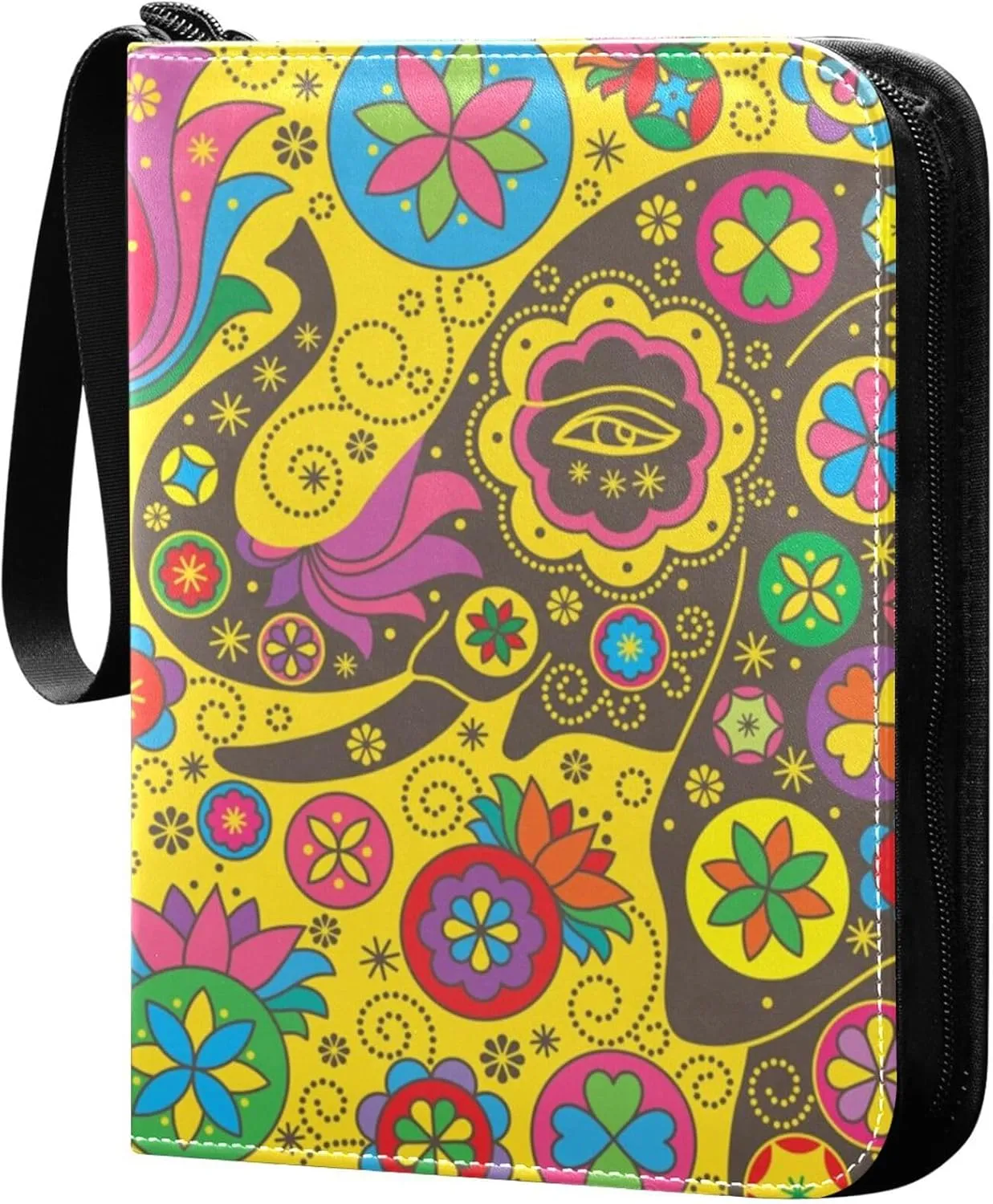 Exnundod Ethnic Colorful Elephants Trading Card Binder for Cards Flower Card Album 4-Pockets for 400 Cards with Removable Sleeves PU Baseball Card Holder Football Sports Card C