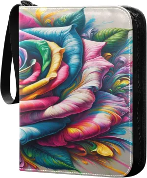 Exnundod Rainbow Colorful Rose Trading Card Binder for Cards, Valentines Day Card Album 4-Pockets for 400 Cards with Removable Sleeves PU Baseball Card Holder Football Sports Card Collection