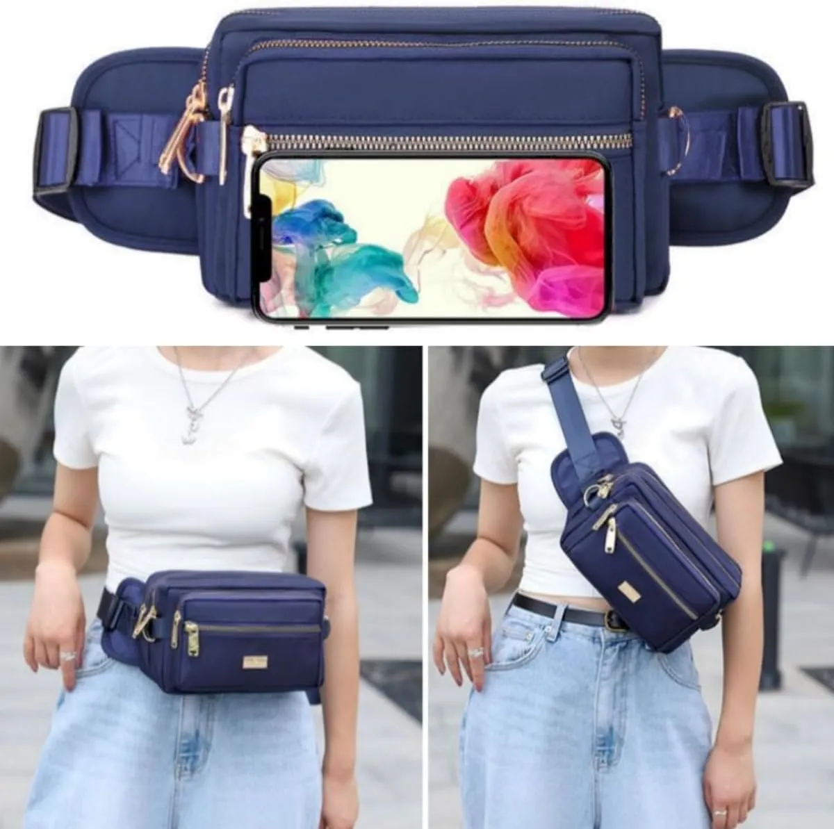 Extra Large Fashion Fanny Pack for Men Women, Waist Bag for Waterproof Hiking Running Biking Gym Outdoor Sports Travel Belt Bag (Navy Blue)