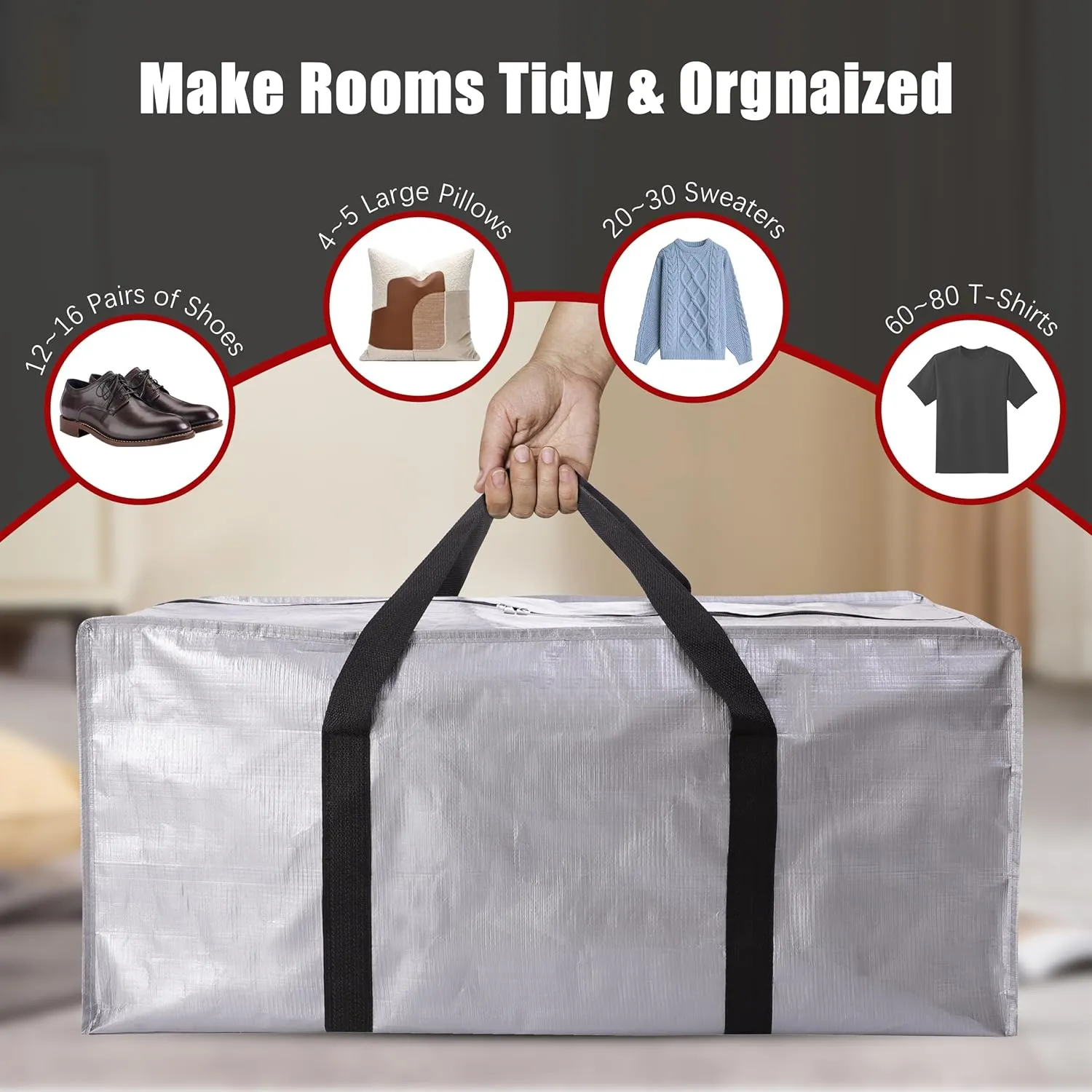 Extra Large Moving Bags with Zippers & Carrying Handles, Heavy-Duty Storage Tote for Space Saving Moving Storage, Fold Flat, Alternative to Box and Bin - 8 Pack, Silver