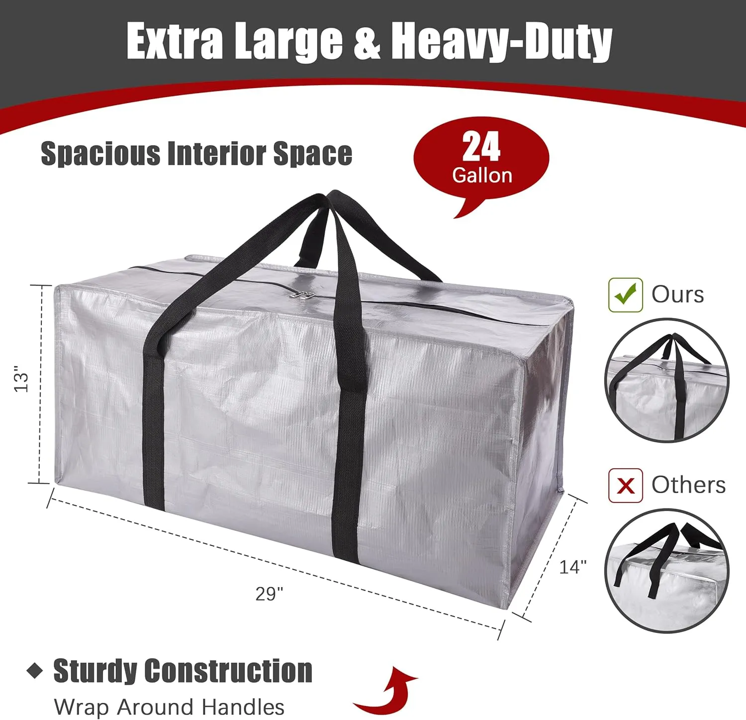 Extra Large Moving Bags with Zippers & Carrying Handles, Heavy-Duty Storage Tote for Space Saving Moving Storage, Fold Flat, Alternative to Box and Bin - 8 Pack, Silver