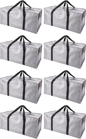 Extra Large Moving Bags with Zippers & Carrying Handles, Heavy-Duty Storage Tote for Space Saving Moving Storage, Fold Flat, Alternative to Box and Bin - 8 Pack, Silver