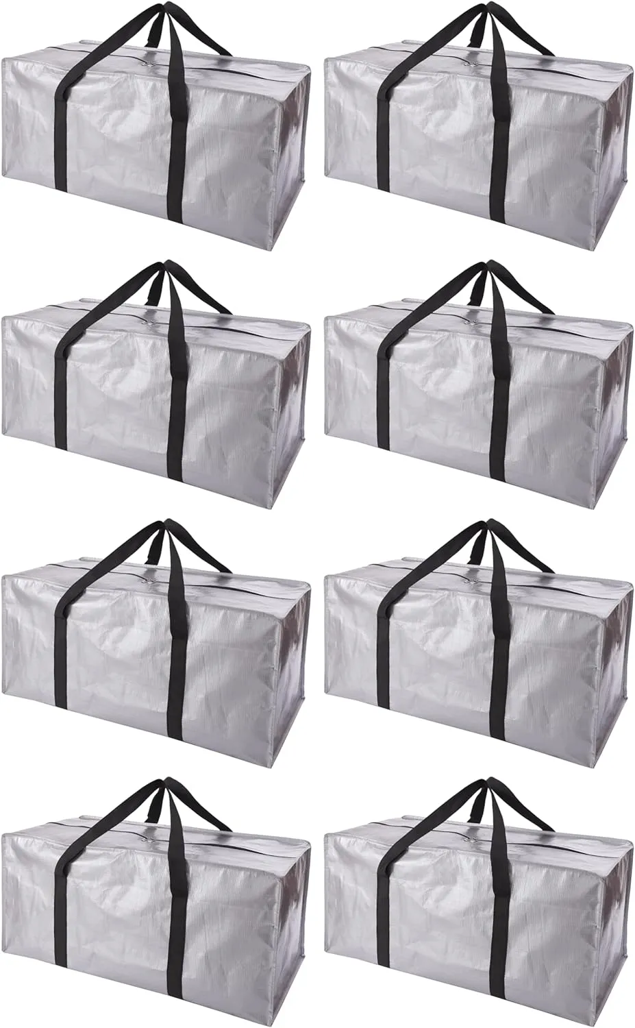 Extra Large Moving Bags with Zippers & Carrying Handles, Heavy-Duty Storage Tote for Space Saving Moving Storage, Fold Flat, Alternative to Box and Bin - 8 Pack, Silver