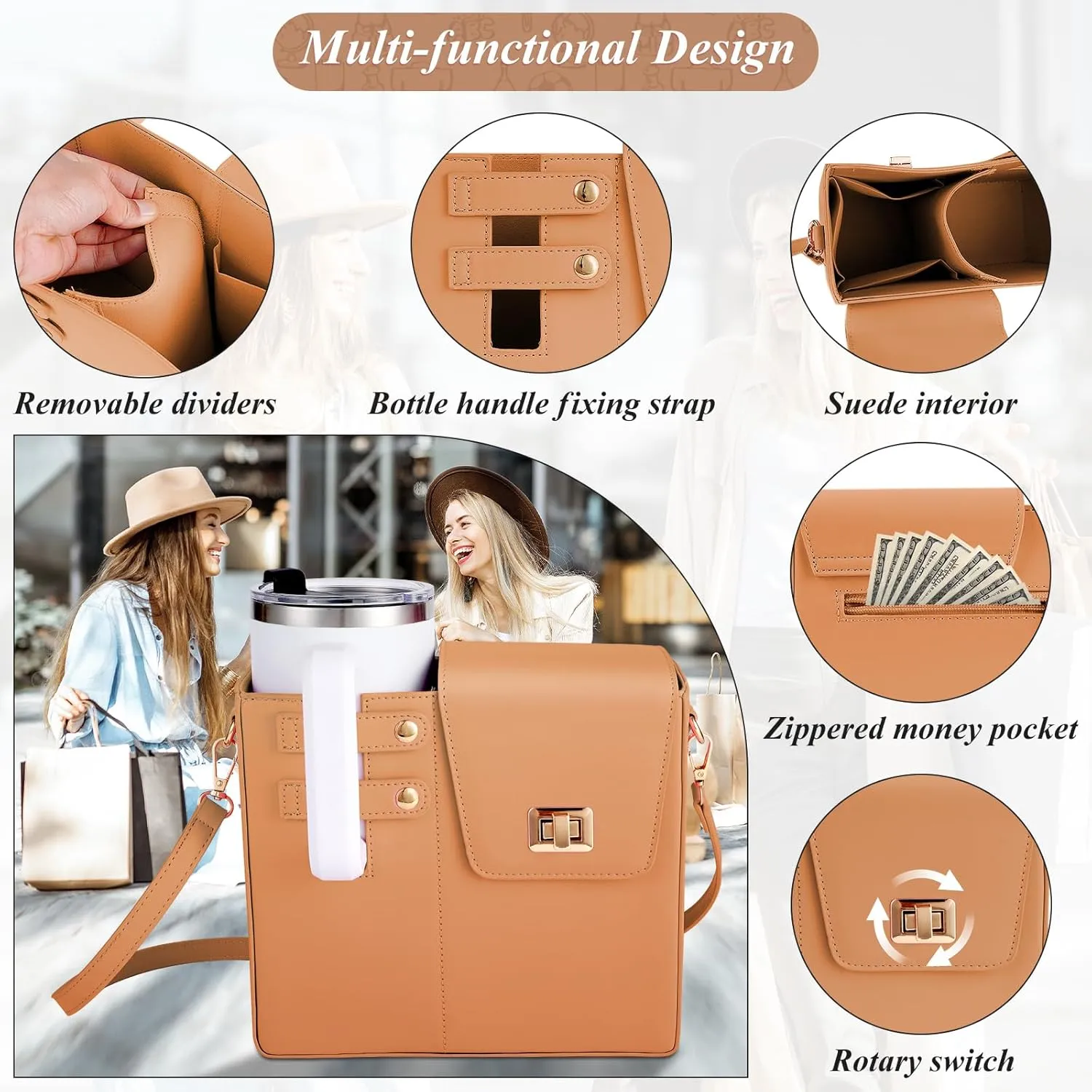 FACULX Outdoor Portable Crossbody Water Cup Storage Bags, Adjustable Crossbody Cup Holder Bag with Coin Purse and 2Pcs Replaceable Bag Strap for Travel Daily Use (Brown)