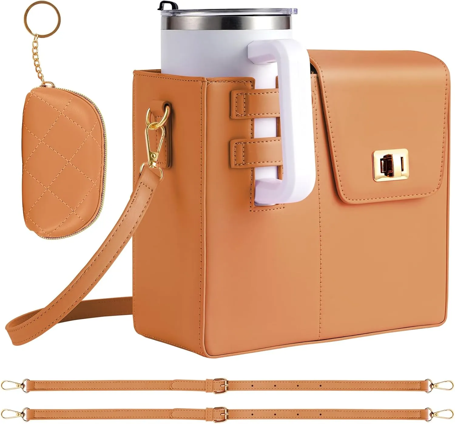 FACULX Outdoor Portable Crossbody Water Cup Storage Bags, Adjustable Crossbody Cup Holder Bag with Coin Purse and 2Pcs Replaceable Bag Strap for Travel Daily Use (Brown)