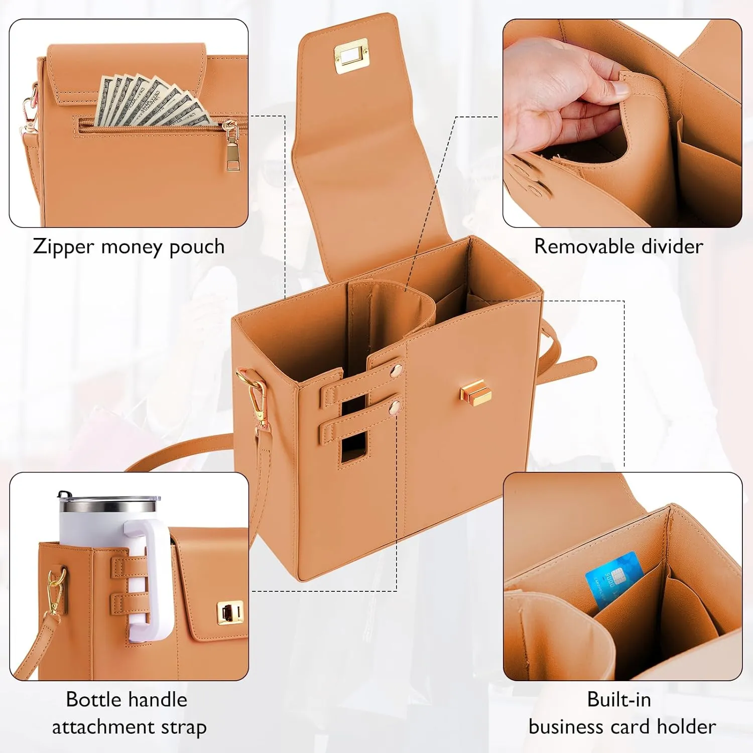FACULX Outdoor Portable Crossbody Water Cup Storage Bags, Adjustable Crossbody Cup Holder Bag with Coin Purse and 2Pcs Replaceable Bag Strap for Travel Daily Use (Brown)