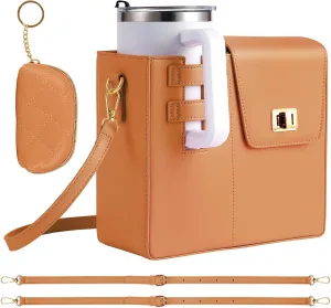 FACULX Outdoor Portable Crossbody Water Cup Storage Bags, Adjustable Crossbody Cup Holder Bag with Coin Purse and 2Pcs Replaceable Bag Strap for Travel Daily Use (Brown)