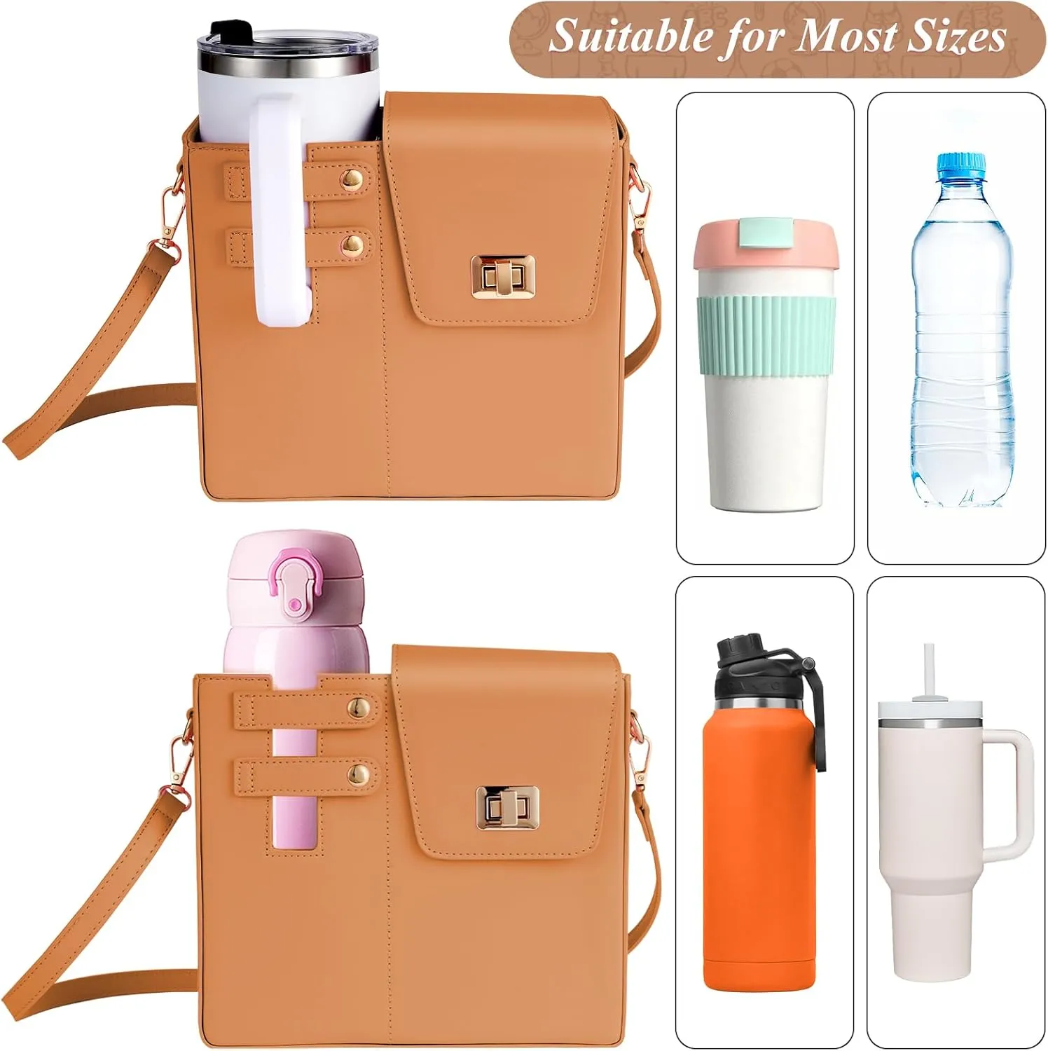 FACULX Outdoor Portable Crossbody Water Cup Storage Bags, Adjustable Crossbody Cup Holder Bag with Coin Purse and 2Pcs Replaceable Bag Strap for Travel Daily Use (Brown)