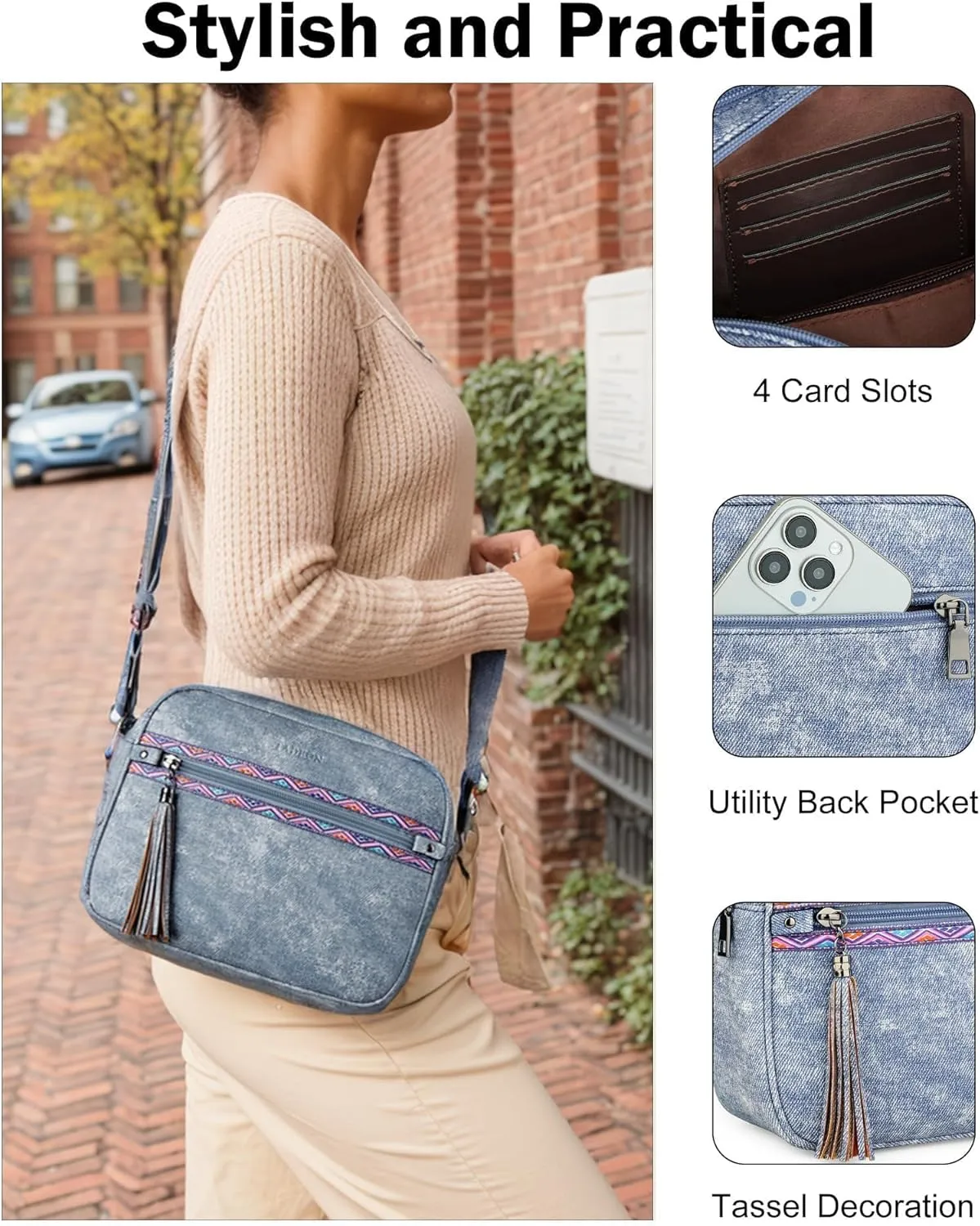 FADEON Crossbody Bags for Women Designer Vegan Leather Crossbody Purse Multi-pocket Medium Shoulder Bag with Card Slots
