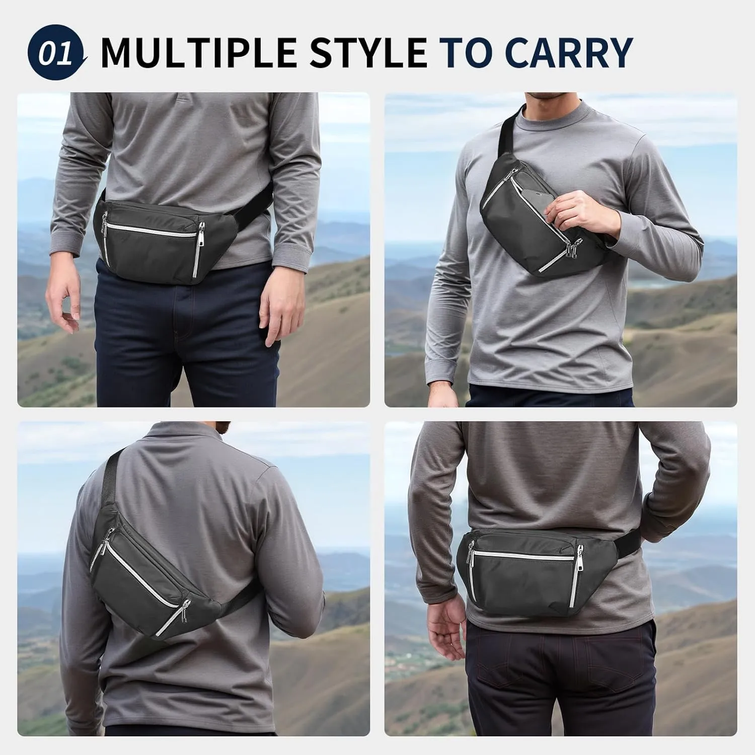 Fanny Pack for Men Women, Waterproof Nylon Anti Theft Waist Bag for Travel Hiking Running Sports Belt Bag (Black)