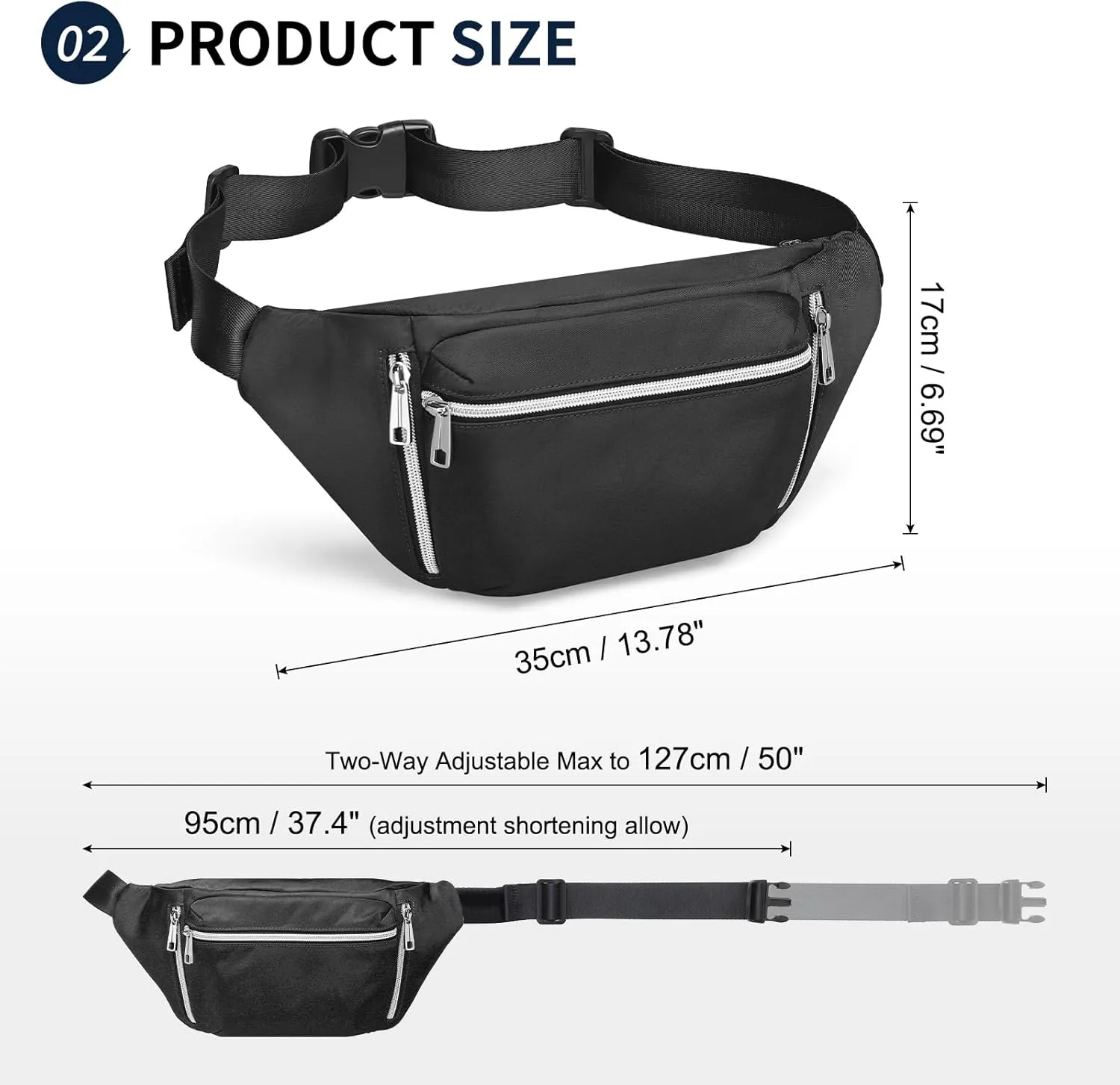Fanny Pack for Men Women, Waterproof Nylon Anti Theft Waist Bag for Travel Hiking Running Sports Belt Bag (Black)