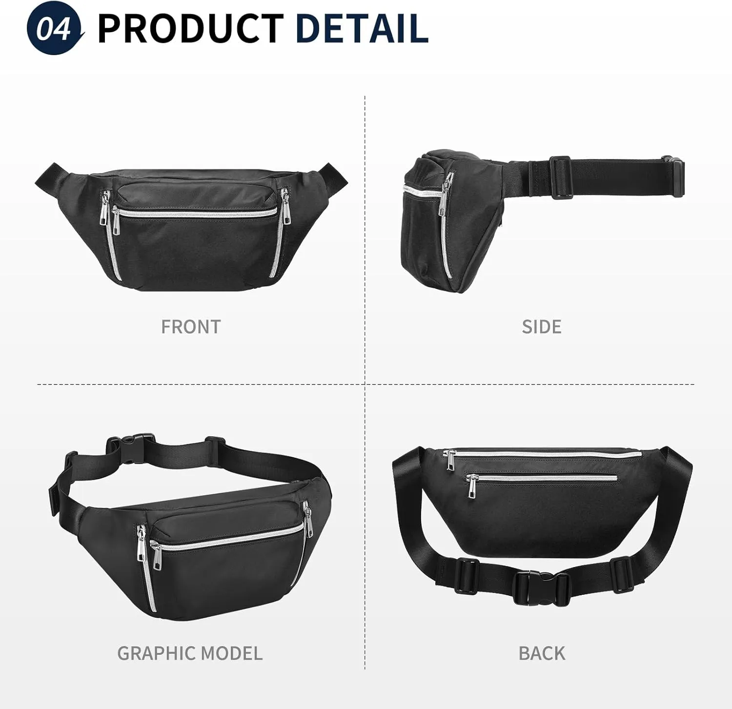 Fanny Pack for Men Women, Waterproof Nylon Anti Theft Waist Bag for Travel Hiking Running Sports Belt Bag (Black)
