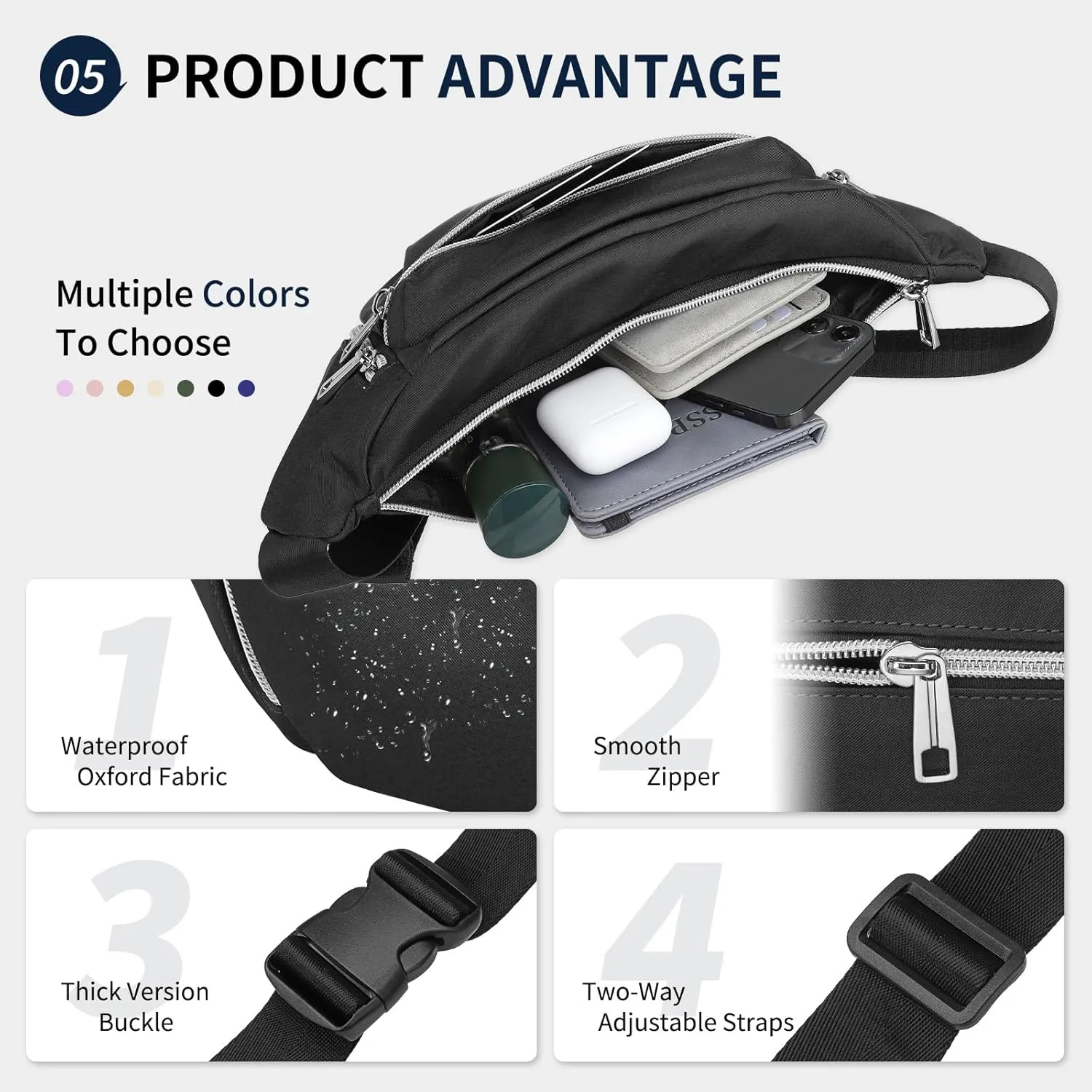 Fanny Pack for Men Women, Waterproof Nylon Anti Theft Waist Bag for Travel Hiking Running Sports Belt Bag (Black)