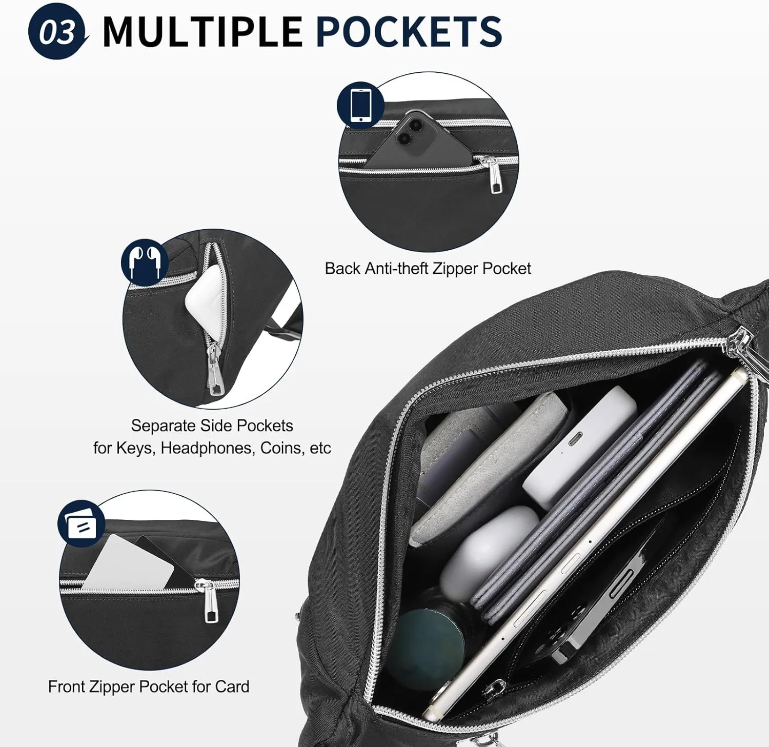 Fanny Pack for Men Women, Waterproof Nylon Anti Theft Waist Bag for Travel Hiking Running Sports Belt Bag (Black)