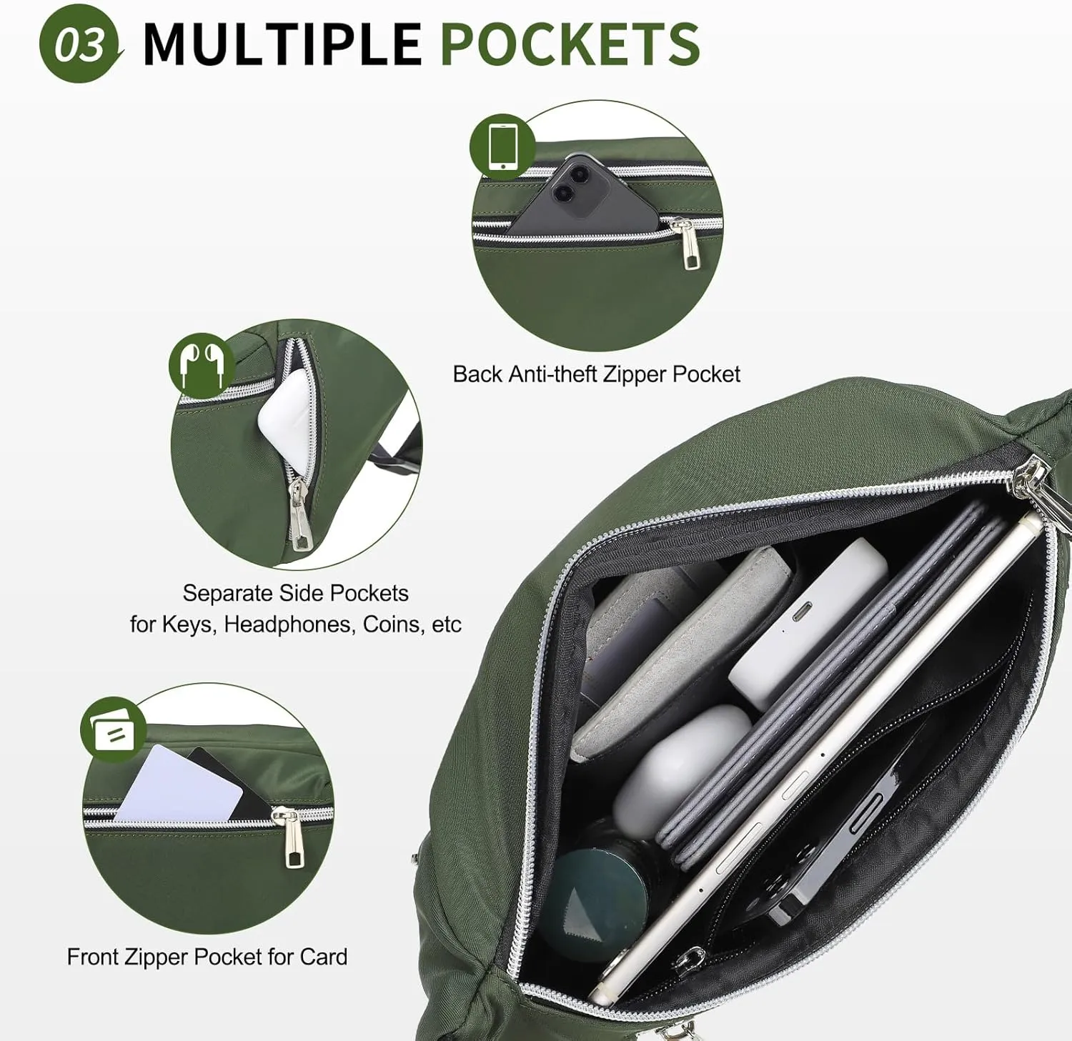 Fanny Pack for Men Women, Waterproof Nylon Anti Theft Waist Bag for Travel Hiking Running Sports Belt Bag (Green)