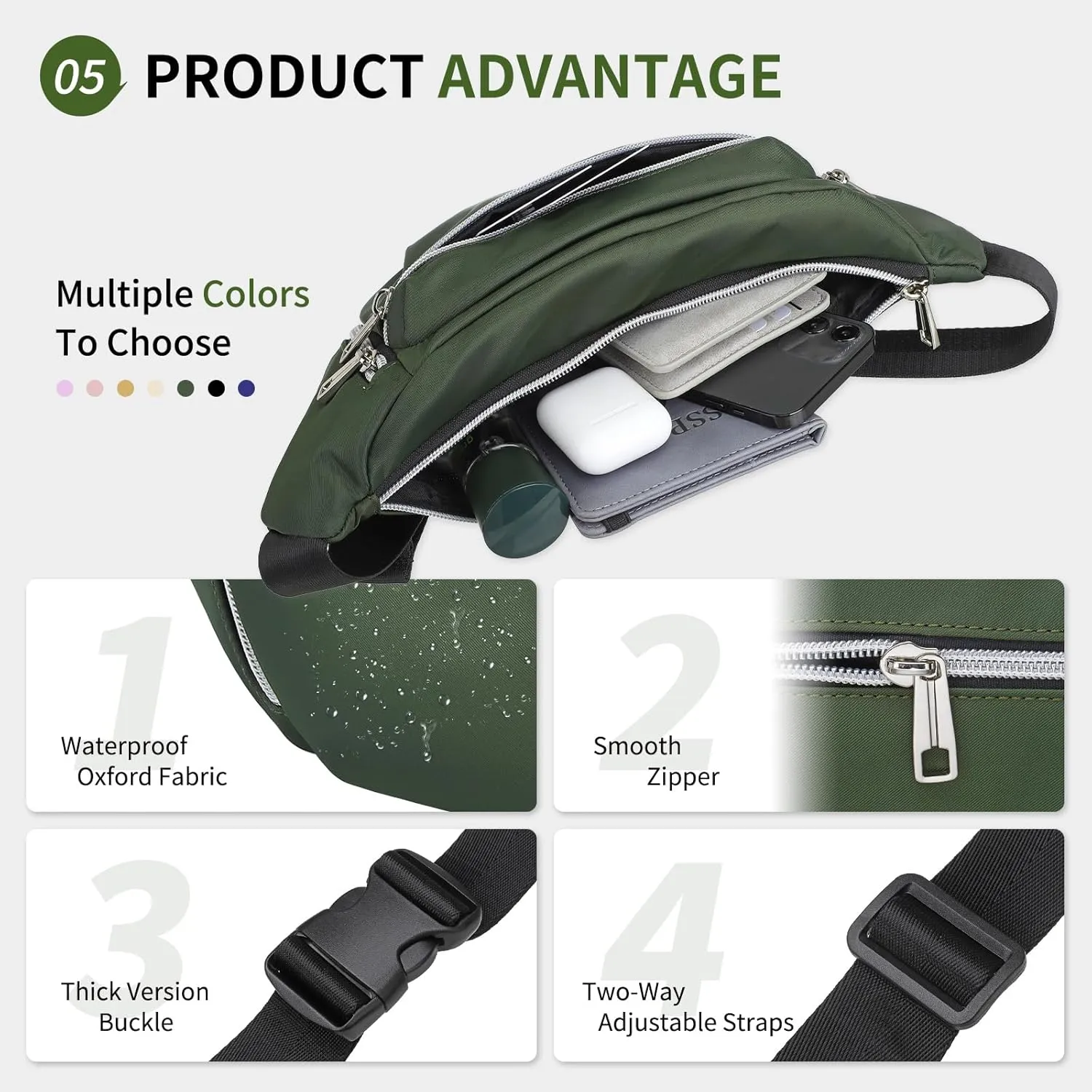 Fanny Pack for Men Women, Waterproof Nylon Anti Theft Waist Bag for Travel Hiking Running Sports Belt Bag (Green)