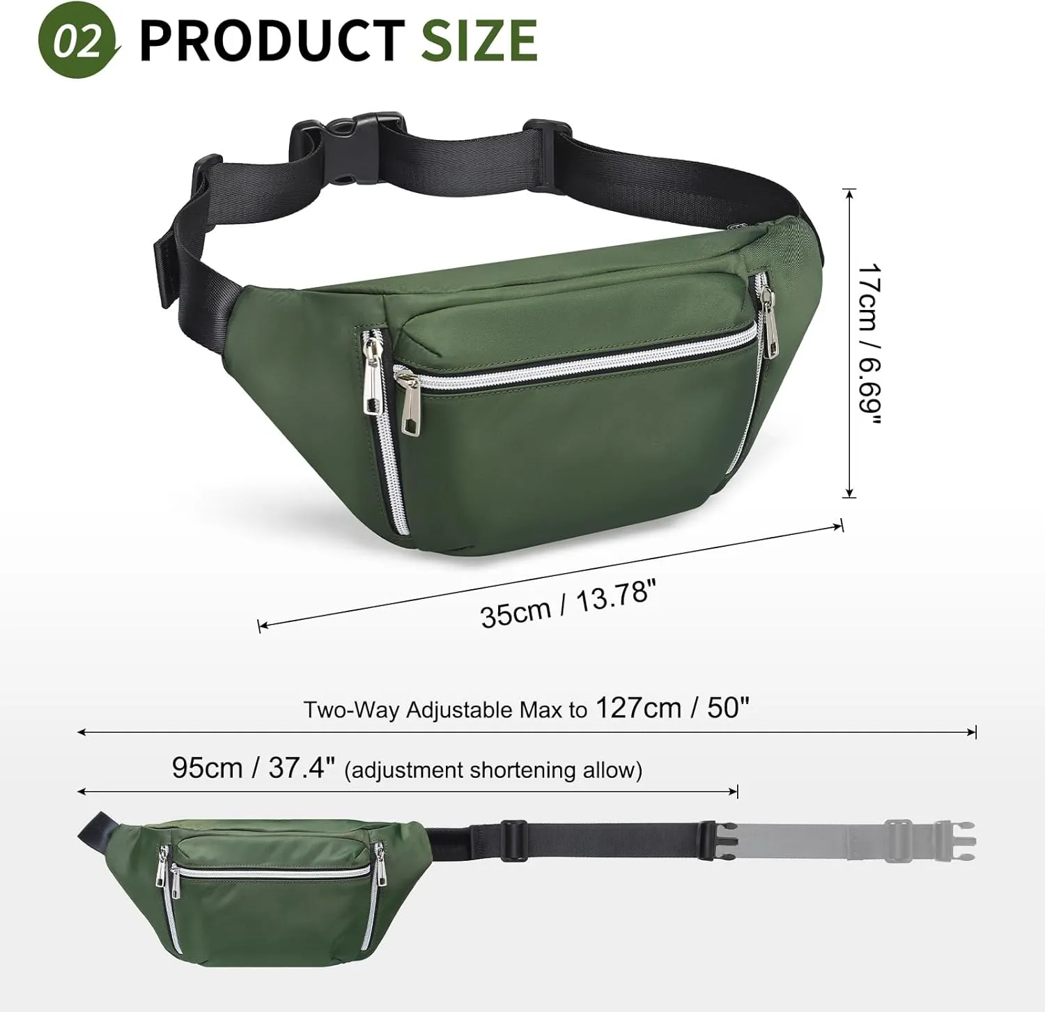 Fanny Pack for Men Women, Waterproof Nylon Anti Theft Waist Bag for Travel Hiking Running Sports Belt Bag (Green)