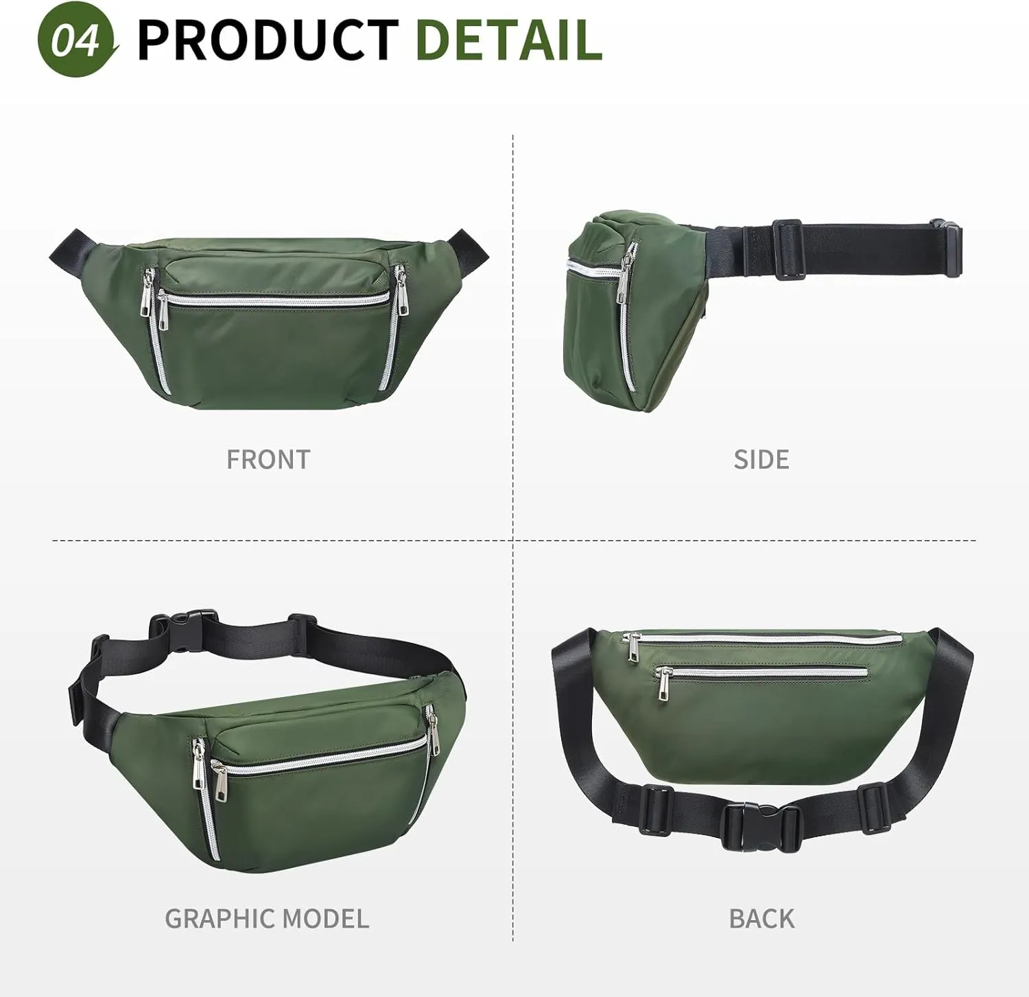 Fanny Pack for Men Women, Waterproof Nylon Anti Theft Waist Bag for Travel Hiking Running Sports Belt Bag (Green)