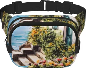 Fanny Pack For Women Men Waterproof Adjustable Belt Bags Waist Pack Fashion Crossbody Bags Flowers Near House Greek Sea Bum Bag For Running Workout Hiking Traveling