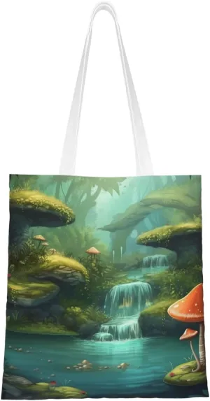 Fantasy River Mushroom in Jungle Trees Canvas Tote Bag for Women Grocery Bag Reusable Aesthetic Shopping Bags Beach Handbag