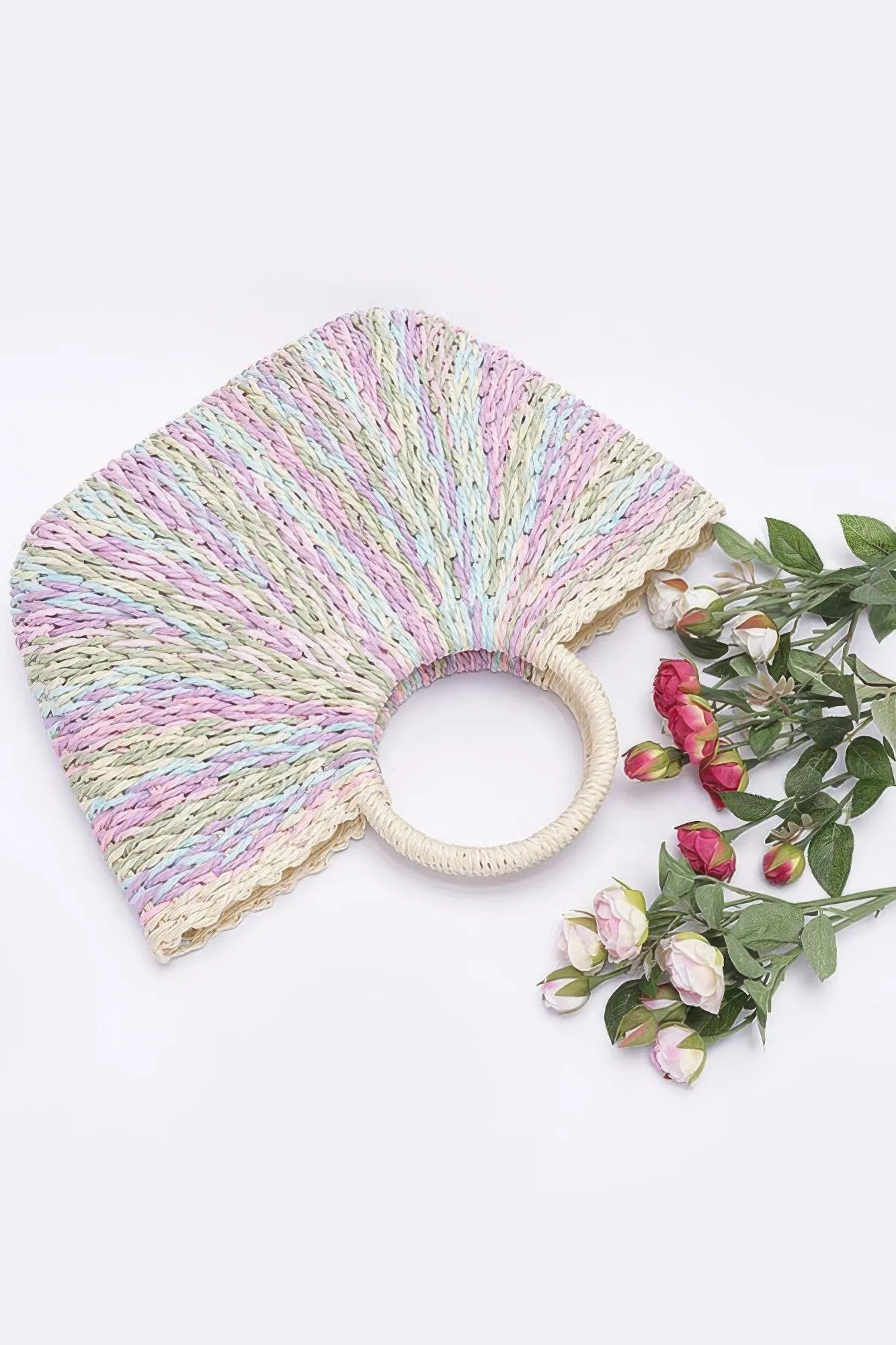 Faux Straw Multi Color Round Handle Tote Bag