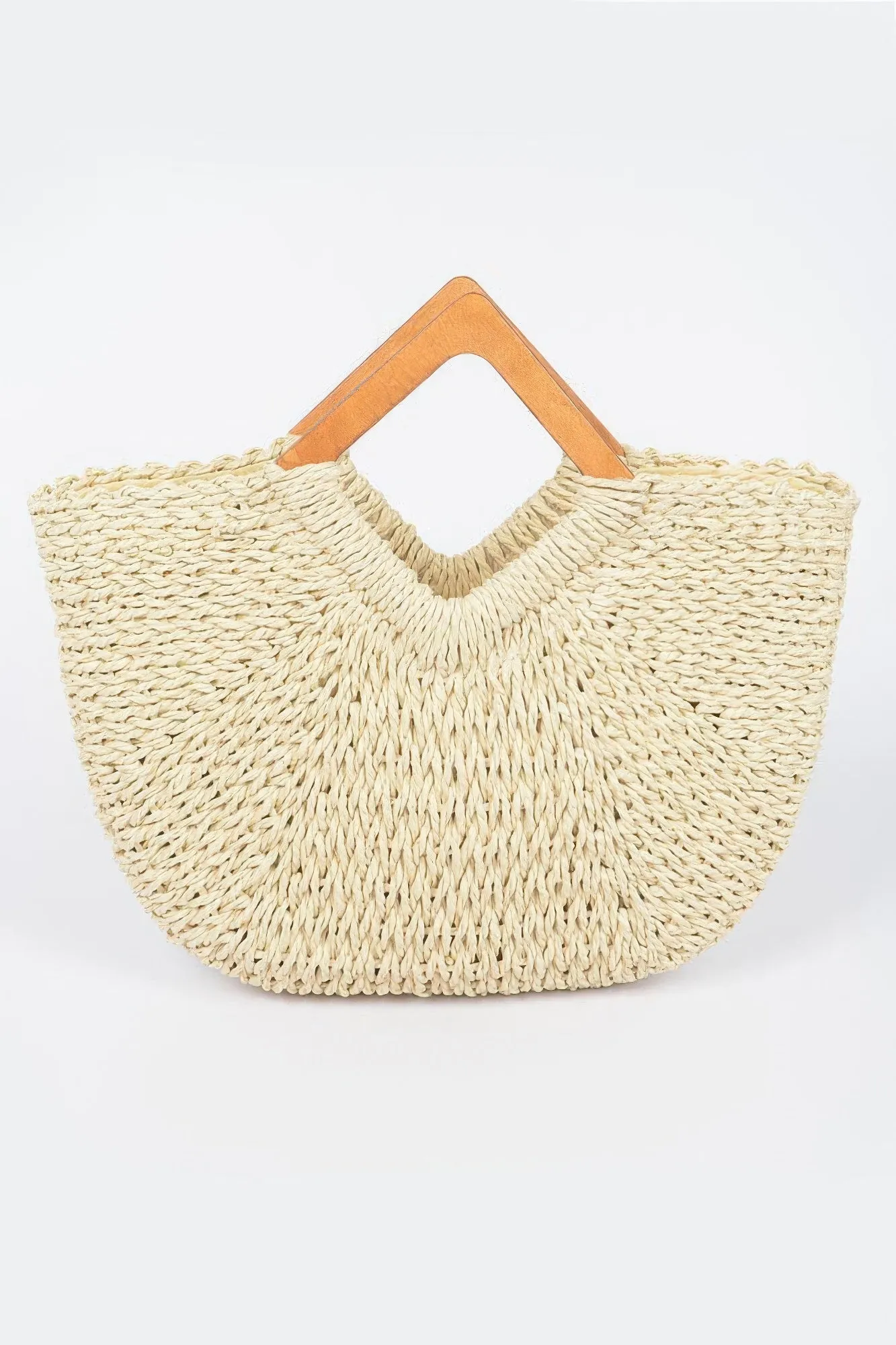 Faux Straw Wood Handle Tote Bag