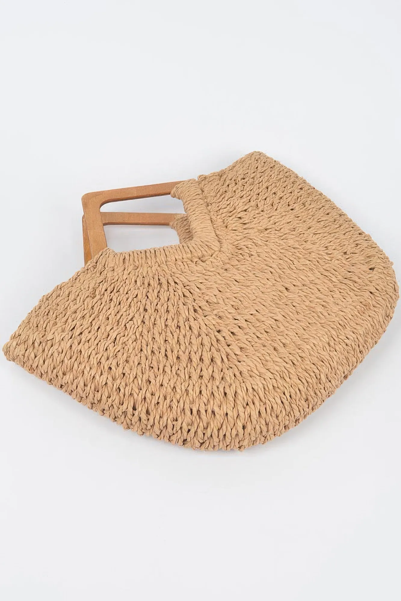Faux Straw Wood Handle Tote Bag