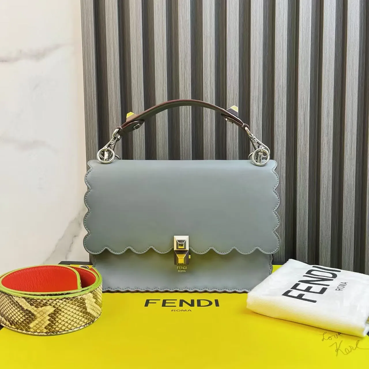 Fendi Scalloped Two-Way Bag Grey Leather Shoulder Bag