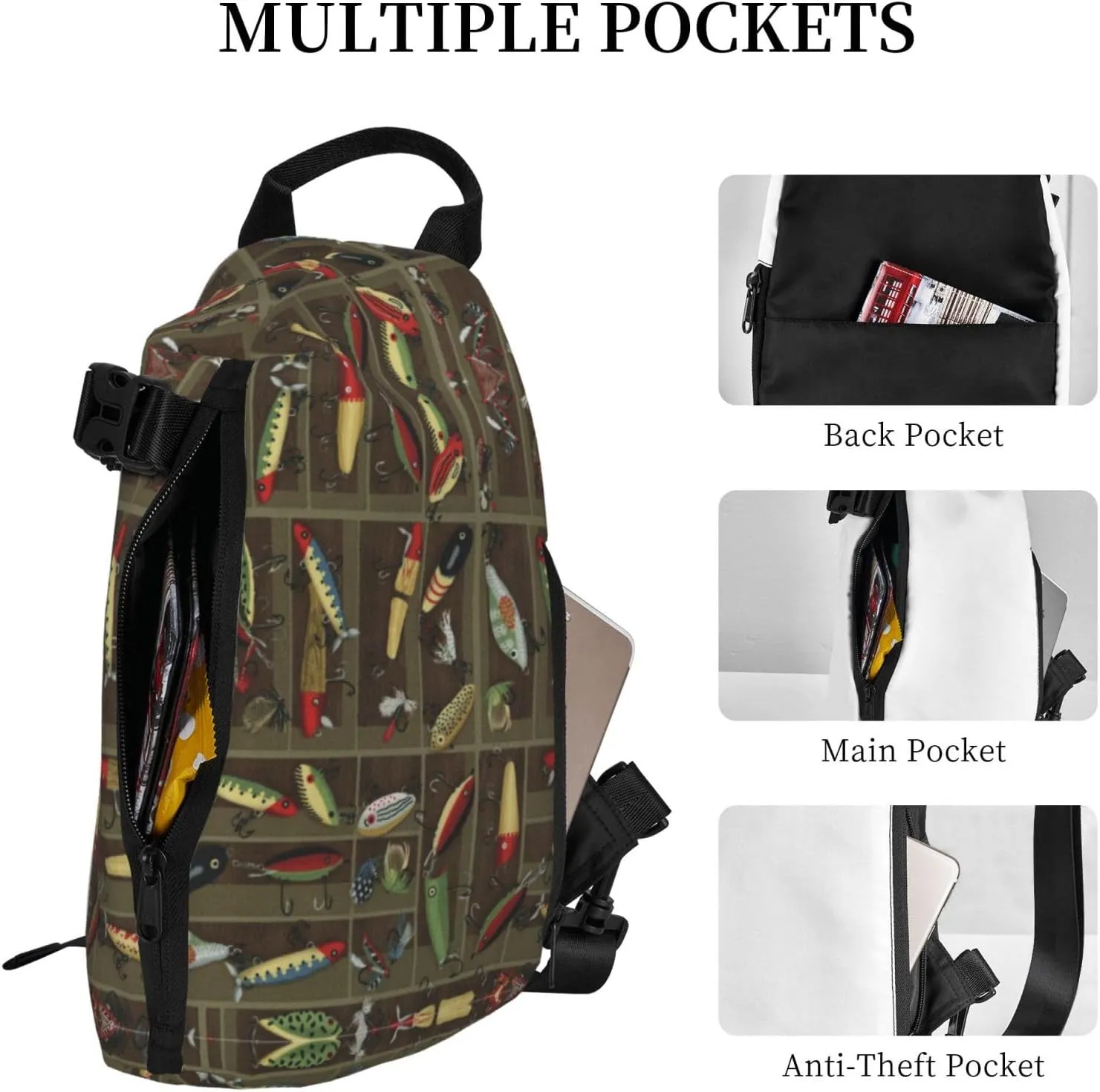 Fishing Lure Style Print Crossbody Backpack Unisex Chest Bag, Lightweight And Sling Bag For Travel