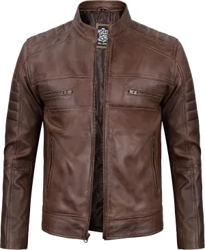 fjackets Cafe Racer Leather Jacket Men - Real Lambskin Natural Grain Leather Moto Style Jackets For Mens