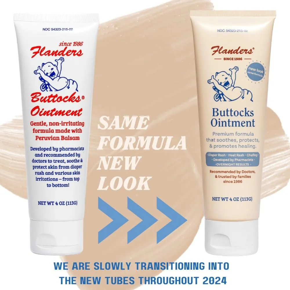 Flanders Buttocks Ointment - Diaper Rash Cream for Treatment & Prevention, Pharmacist Developed, Heat Rash & Chafing in Infants to Adults, Instant Relief (2 Pack of 4oz Tubes)