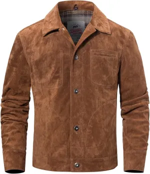 FLAVOR Men's Suede Leather Jacket Trucker Coat