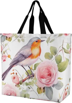 Floral Print Watercolor Robin Bird Tote Bag for Women Reusable Eco-friendly Shopping Bags Large Capacity Shoulder Bag