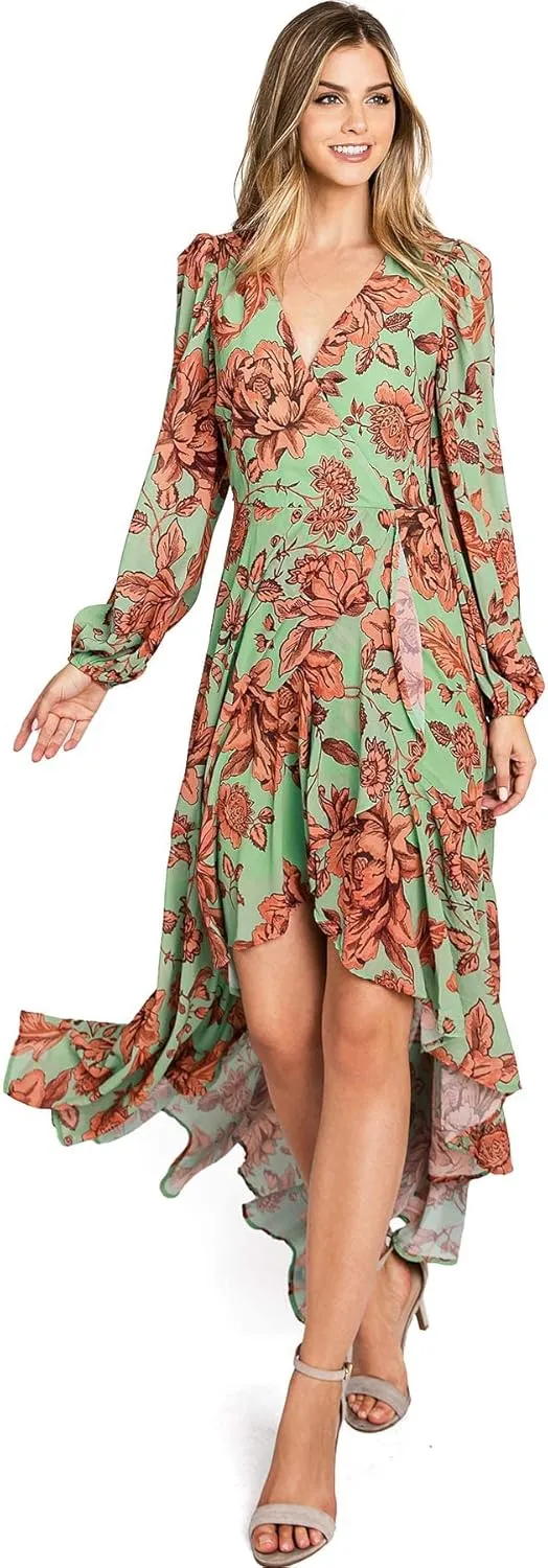 Flying Tomato Women's Chiffon Surplice Hi-Lo Dress (S, Green)
