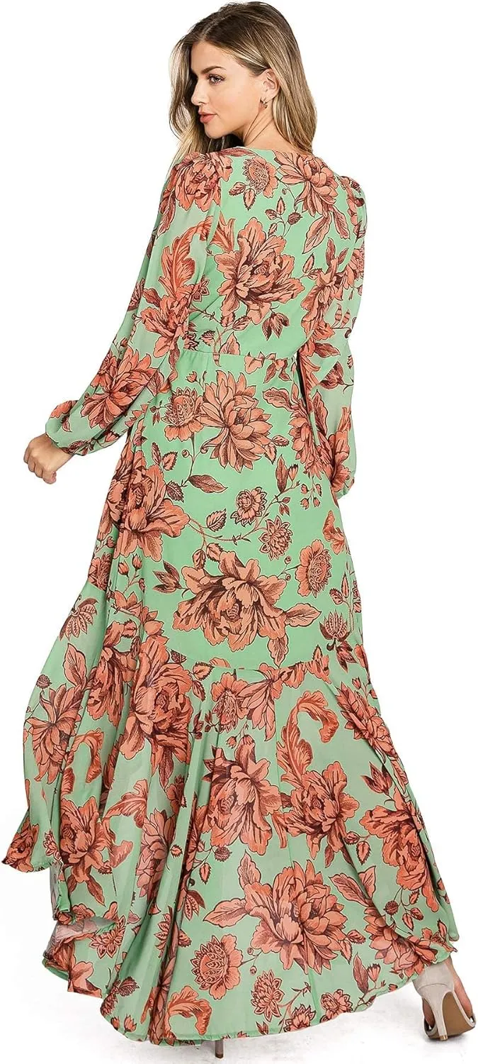 Flying Tomato Women's Chiffon Surplice Hi-Lo Dress (S, Green)