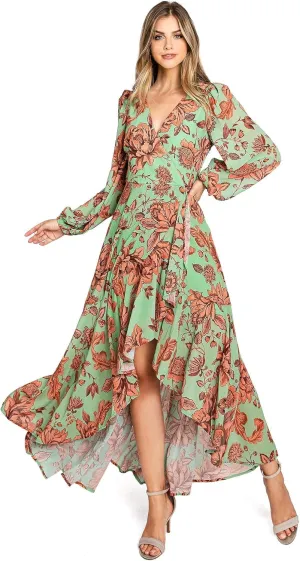 Flying Tomato Women's Chiffon Surplice Hi-Lo Dress (S, Green)