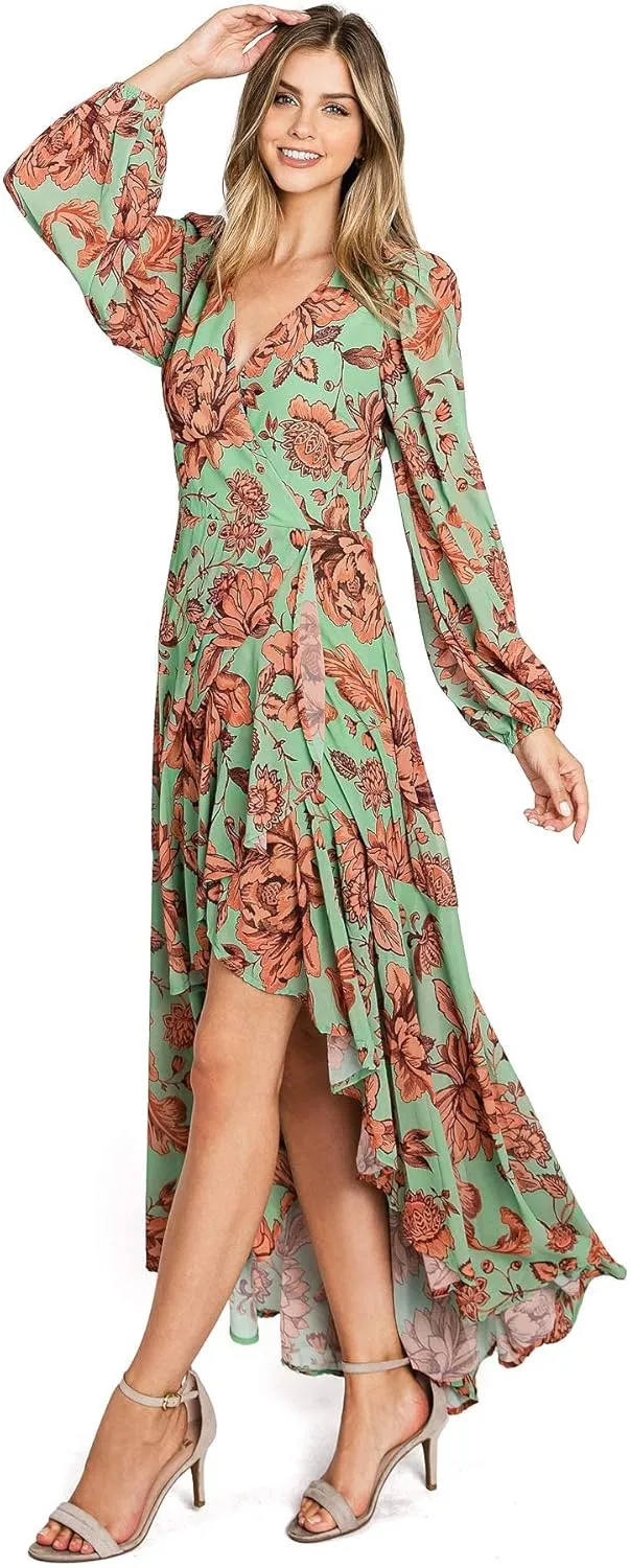 Flying Tomato Women's Chiffon Surplice Hi-Lo Dress (S, Green)