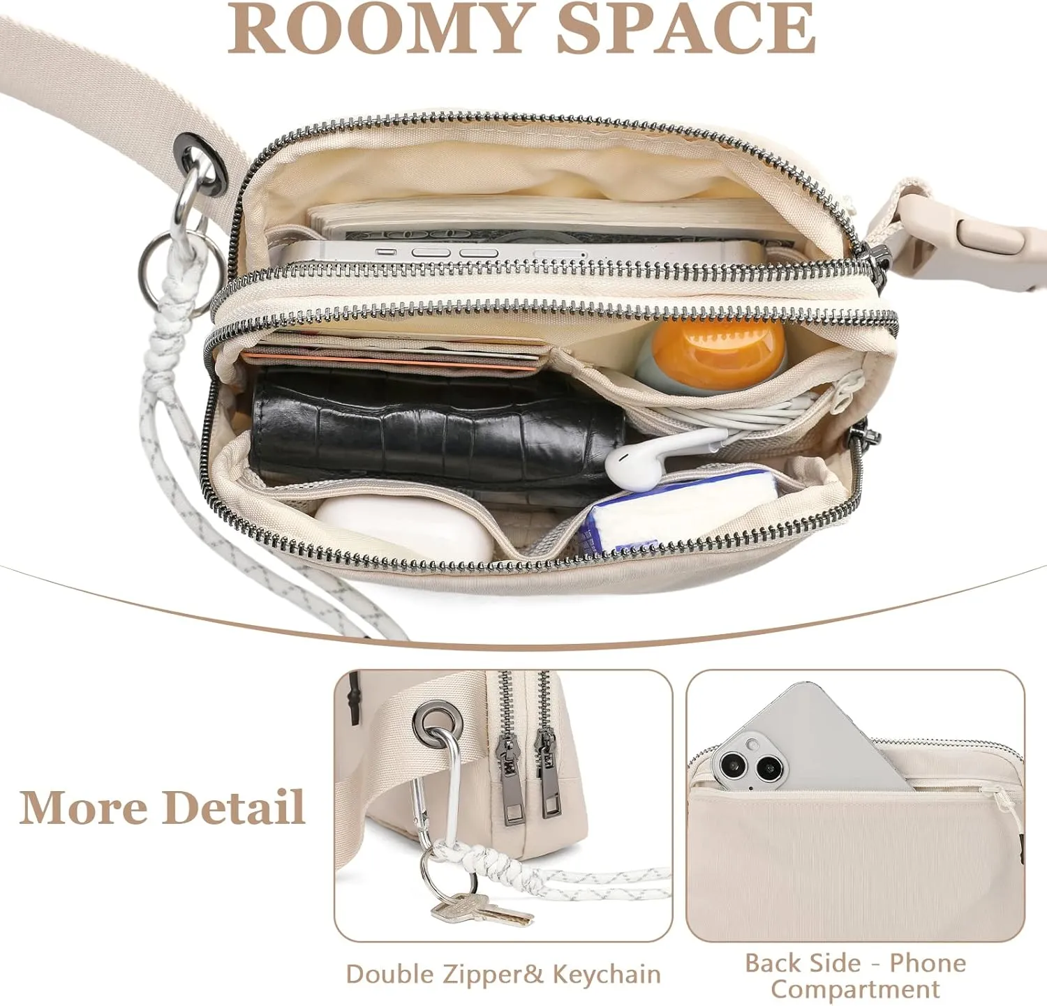 FODOKO Fanny Packs for Women Men, Fashionable Belt Bag Waist Pack for Women with Adjustable Strap, Bum Bag for Running Hiking Travel Workout (Ivory)
